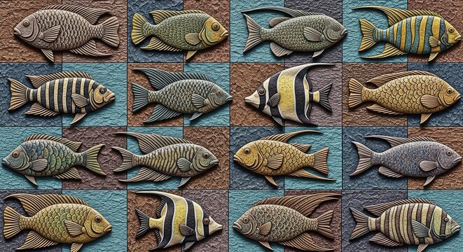 A decorative tile panel depicts a grid of twelve sculpted fish. The fish are arranged in a 3x4 layout, each with a unique pattern of scales and coloration.