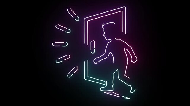 Neon Line Art Animation Featuring A Boy Walking Through A Glowing Doorway Set Against A Dark Backdrop With Dynamic Light Radiating From The Opening
