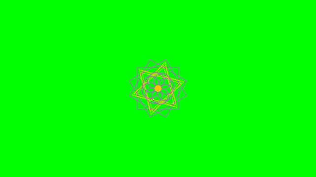 Intricate geometric star mandala with vibrant lines on green background