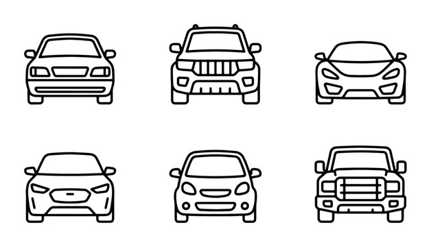Vehicle Icons Set: Modern Cars, SUV, Truck Front View Line Art Collection