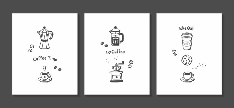 black and white coffee wall art collection vector illustration.