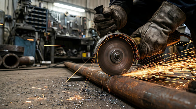 Industrial Worker Using Angle Grinder to Cut Steel Pipe with Flying Sparks in Metal Fabrication Workshop Close Up