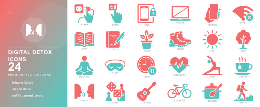 digital detox offline relax unplug mental health wellness screen time nature mindfulness disconnect icon set vector flat illustration lifestyle web graphic