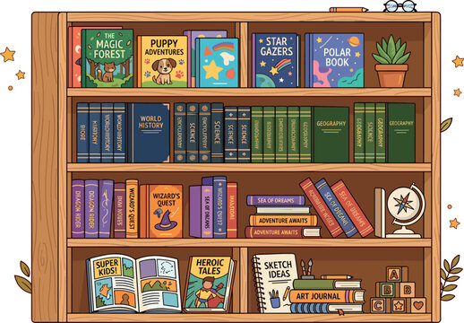 Wooden Bookshelf Vector Illustration with Children Storybooks, Encyclopedia Collections, Comic Books, and Classroom Library Decor Elements for Education Designs