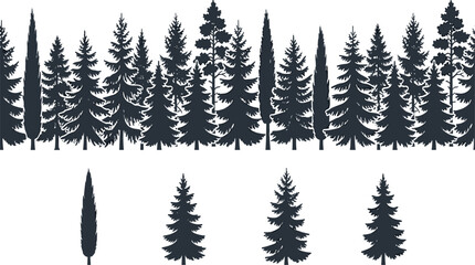 Obraz premium Blue Pine Tree Forest Seamless Horizon Pattern and Individual Evergreen Conifer Silhouette Set for Winter Landscape Backgrounds and Nature Inspired Designs