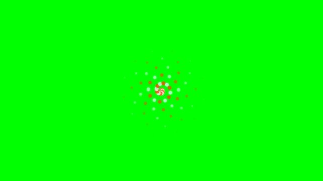 Abstract red and white spiral particle animation on a bright green background