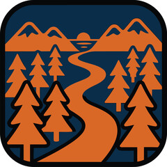 Obraz premium Vector illustration of outdoor nature with pine trees, mountains, lake and path in autumn colors
