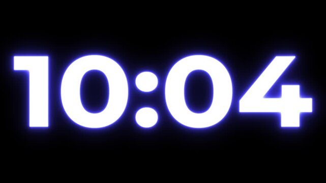 Abstract glowing blue neon 11 minutes to 0 minute countdown. 11 minute countdown timer animation on transparent background with alpha channel. Glowing 4K countdown animation
