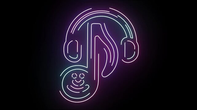 Neon Music Note Icon With Glowing Headphones Animated Graphic Design On A Dark Black Background For Digital Entertainment And Audio Media Projects