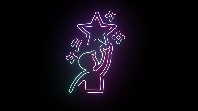 Neon Light Animation Showing A Person Reaching Towards A Bright Glowing Star Symbol Isolated On A Deep Black Background With Cinematic Pulse Effects