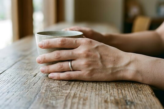 Close up of hands holding a ceramic mug on a rustic wooden table, enjoying a peaceful moment with this handcrafted ceramic mug, person relaxing with a warm ceramic mug in a cafe.
