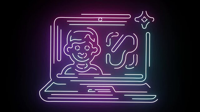 Neon Line Art Laptop Animation Featuring Digital Face and Symbol Glowing Against Dark Background For Technology Concepts And Virtual Communication The