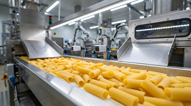 Fresh Penne Pasta on Automated Conveyor Belt in Modern Pasta Manufacturing Factory with Industrial Food Processing Equipment