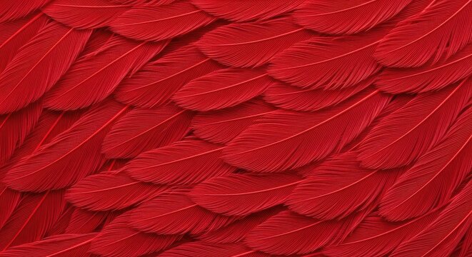 A dense collection of vibrant red feathers creates a textured pattern. The feathers overlap and layer, forming a rich, scarlet surface.