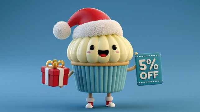 Christmas cupcake character with Santa hat holding a gift box and 5% off sign on a blue background.