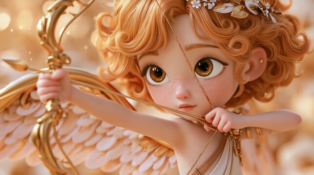 Cupid portrait with curly hair, tiny wings, and a golden bow against a soft romantic background.