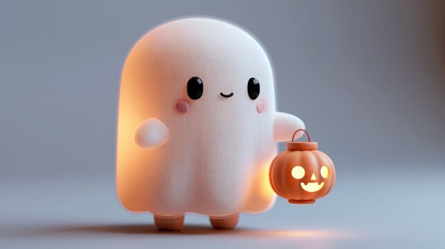 Cute ghost holding a glowing pumpkin lantern with a simple smiling face in a soft studio Halloween scene.