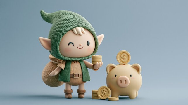 Elf holding coins beside a piggy bank with stacked money on a plain blue background, showing a savings and finance concept with a cute holiday character.