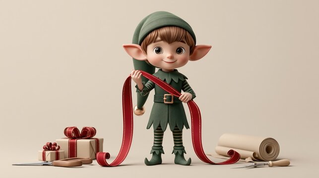Elf holding a red ribbon with gift wrapping tools, wrapped presents, scissors, and paper rolls on a neutral background for Christmas packaging concepts.
