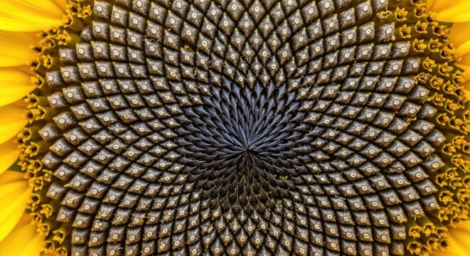 A macro photograph reveals the intricate details of a sunflower&rsquo;s seed head. The image showcases the spiraling pattern of the seeds, forming a mesmerizing geometric design.