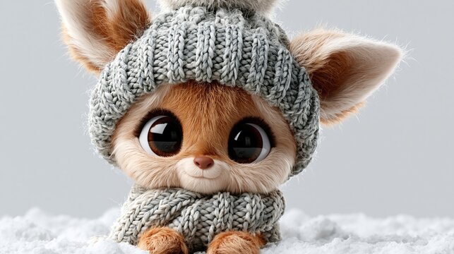 Baby deer wearing a knitted hat and scarf stands in snow with large eyes and soft fur in a Christmas winter scene.