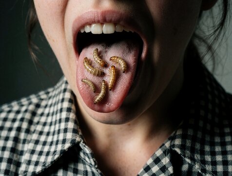 Young woman holds edible worms on open tongue. Person tastes live insects as alternative food source. Female eats protein larvae for healthy diet experiment. Human model experiments with bizarre