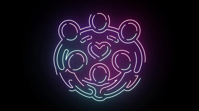 Neon glowing family icon animation featuring interconnected figures surrounding a central heart shape in vibrant purple and blue line art style graphi