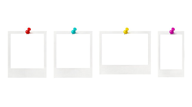 Composite material of Polaroid photos pinned with thumbtacks isolated on transparent background