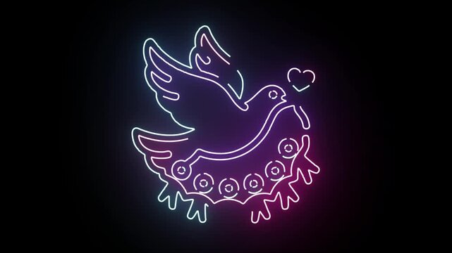 Neon Light Dove Of Peace Symbol Glowing With Colorful Radiant Lines And Human Silhouettes Holding Hands Together In A Beautiful Unity Art Animation