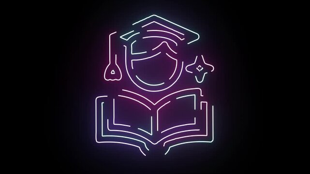 Neon Line Art Graphic of a Student Wearing a Graduation Cap Reading a Book with Glowing Light Effects Isolated on a Dark Solid Black Background Backdr