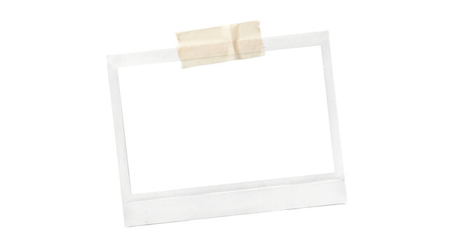 Polaroid photo taped to a wall with beige masking tape isolated on transparent background