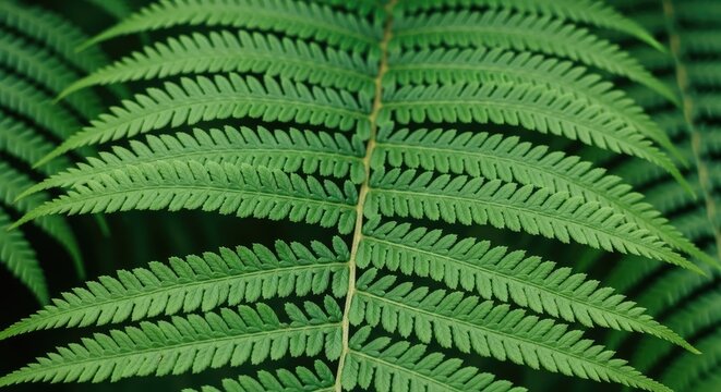 A close-up photograph showcases a vibrant green fern frond against a dark background.