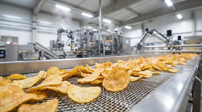 Crispy Potato Chips on Industrial Conveyor Belt in Modern Automated Snack Food Processing Factory with Advanced Manufacturing Line