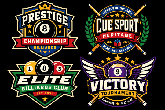 Four distinct, colorful billiard and pool sport-themed logos featuring balls, cues, and championship text on a black background.