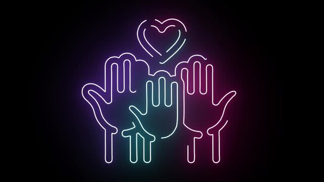 Neon Light Animation Featuring Stylized Human Hands Reaching Up Towards A Glowing Heart Symbol On A Dark Background For Charity And Community Concepts