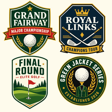 A collection of four vintage-style golf championship emblems featuring golf balls, clubs, green jackets, and course landscapes, designed for tournaments and elite events.