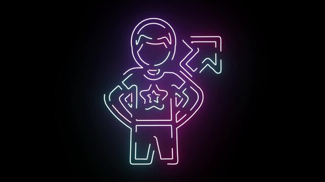 Neon Line Art Graphic of a Heroic Standing Person with Star Embellishment on Chest and Glowing Directional Arrow Icon Animated on Dark Background