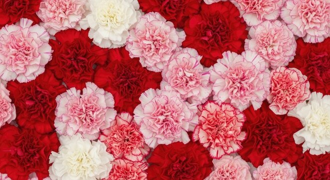 A dense arrangement of vibrant carnations in shades of red, pink, and white covers a dark background. The flowers are tightly packed, creating a rich and textured display.
