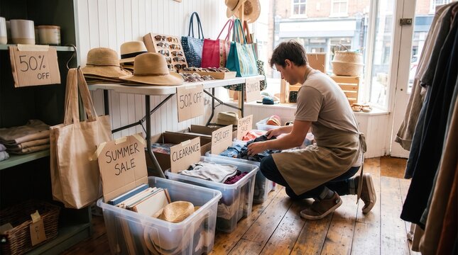 Man Organizing End Of Summer Retail & Clearance Campaign Kits