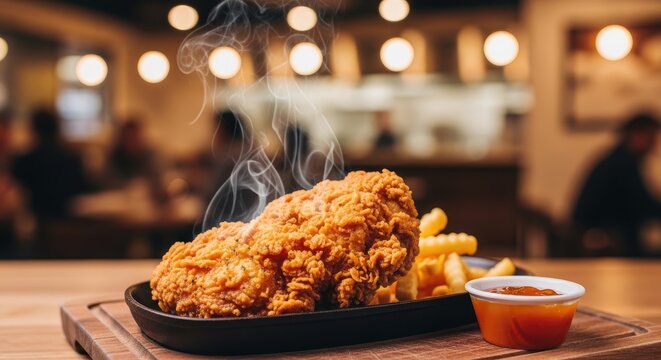 A close-up shot of a large, golden-brown fried chicken piece resting on a dark wooden platter. Beside it are a pile of french fries and a small ramekin filled with ketchup.