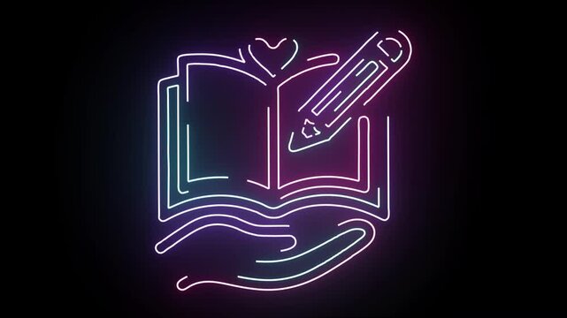 Vibrant Neon Graphic Animation Featuring An Open Book With A Writing Pencil And A Heart Symbol Held In A Palm Illustration Glowing In Purple Blue Ligh