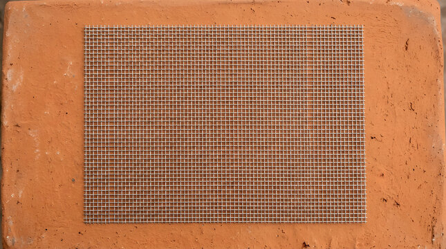 Silver metal wire mesh screen grid pattern positioned perfectly on a flat textured orange clay surface for industrial background projects