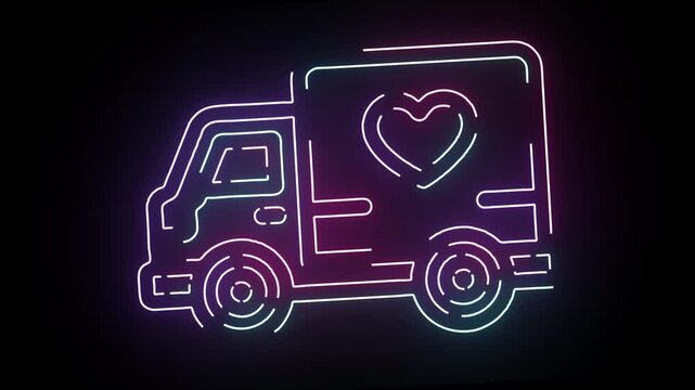 Neon delivery truck animation with a glowing heart symbol representing shipping love and fast logistics service for ecommerce businesses on dark backg