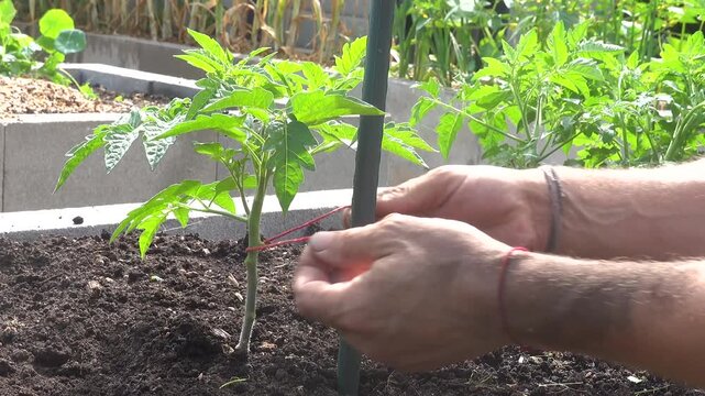 Gardener's hands tying a young organic tomato plant to a support stake in a raised bed garden
