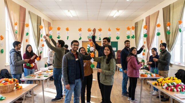 Joyful Young Adults Decorating for India's Independence Day Celebration