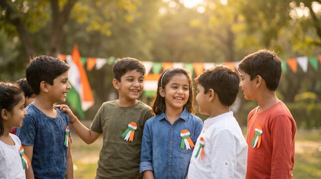 Joyful Indian Children Wearing Tricolor Ribbons Celebrate India's Independence Day Outdoors