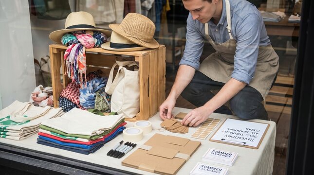 Retail Decorator Setting Up End Of Summer Clearance Campaign Kits