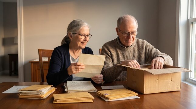 Senior Couple Organizing Letters for Senior Citizen Day