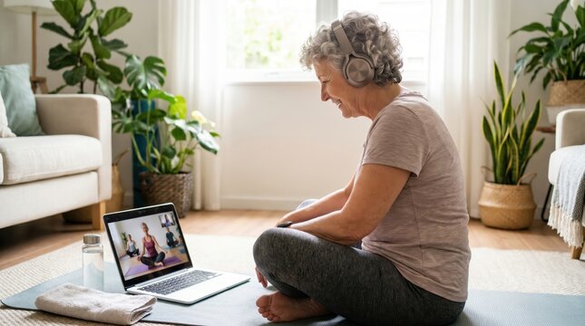 Senior Citizen Day: Woman Doing Online Yoga with Headphones