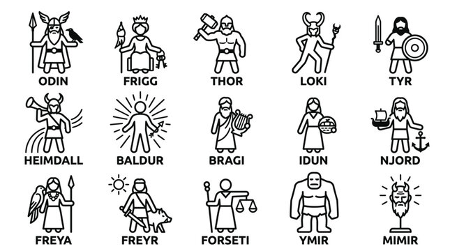 Norse mythology gods depicted in clean black line art icons set on isolated white background